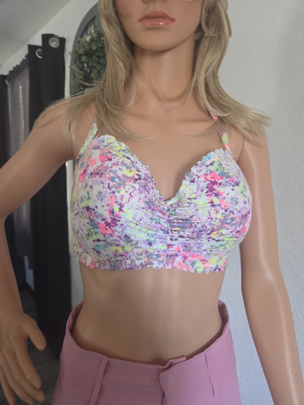 NWOT Victoria's Secret Neon Multicolor Floral Ruffle Bikini Top. Size 34DDD